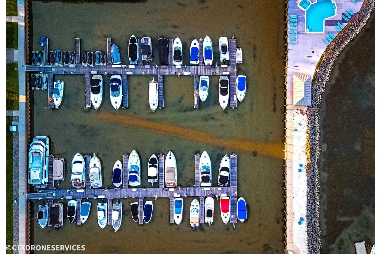 Central Texas drone photography — aerial view of a marina and waterfront property